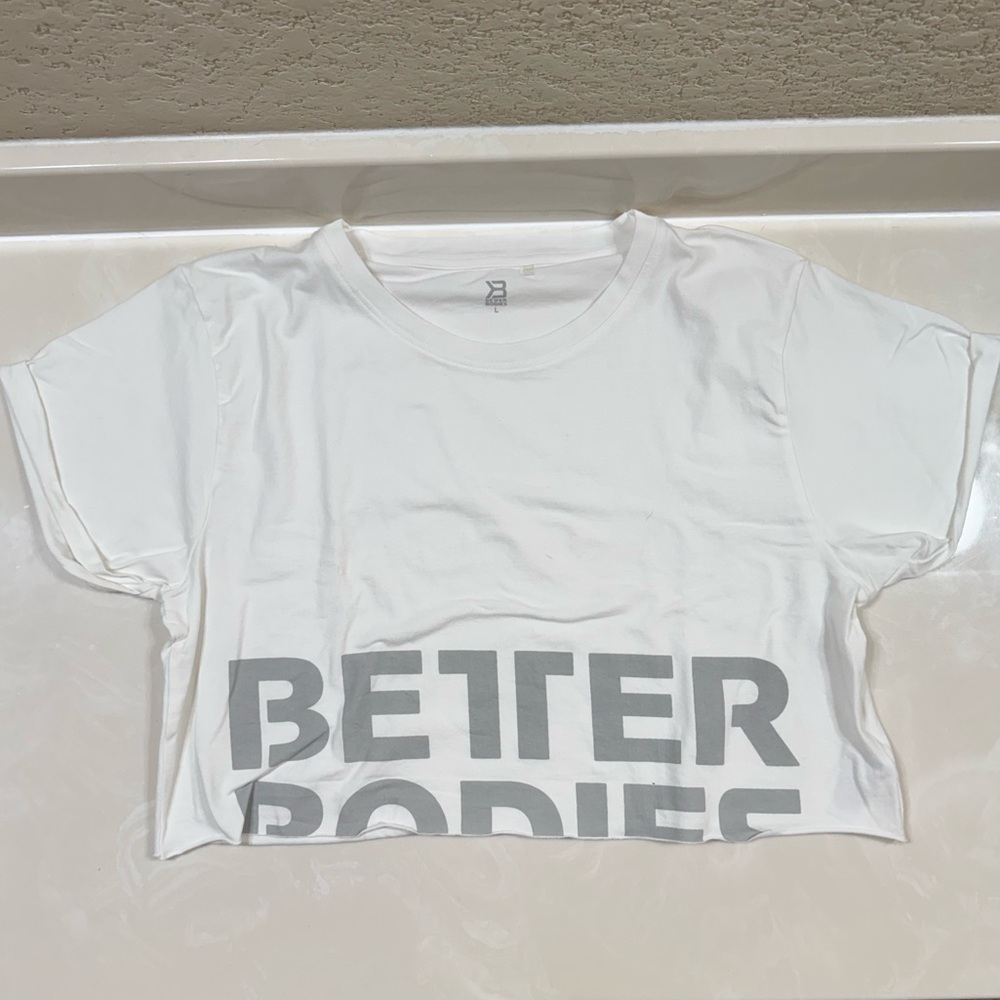 Better BodiesWhite Crop Top with Gray Text